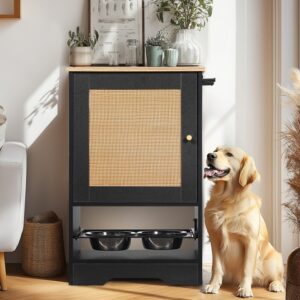 Feeding Station With 1 Locker, Pet Feeding Station With 2 Overhead Dog Bowls, Side Hooks, Anti-Tipping Kit, Concealed Pet Feeding Station For Feeding And Drinking, Black