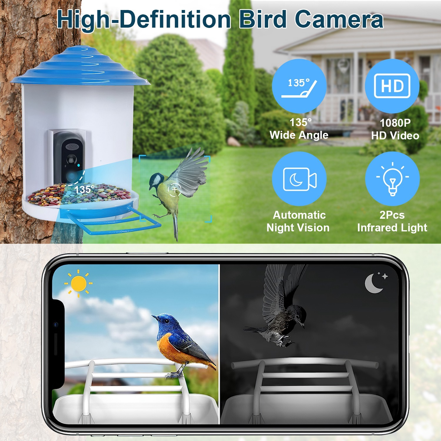 Smart Bird Feeder With Solar Powered Camera 1080P HD AI Identify PIR Motion Auto Capture Video Cloud Card Storage WiFi Connection App Control IP65 Waterproof - Image 2