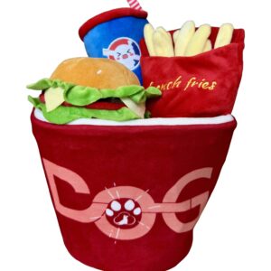 4-in-1 Fast Food Bucket Dog Toy Set, Squeaky Plush Bucket, Fries, Soda & Burger,