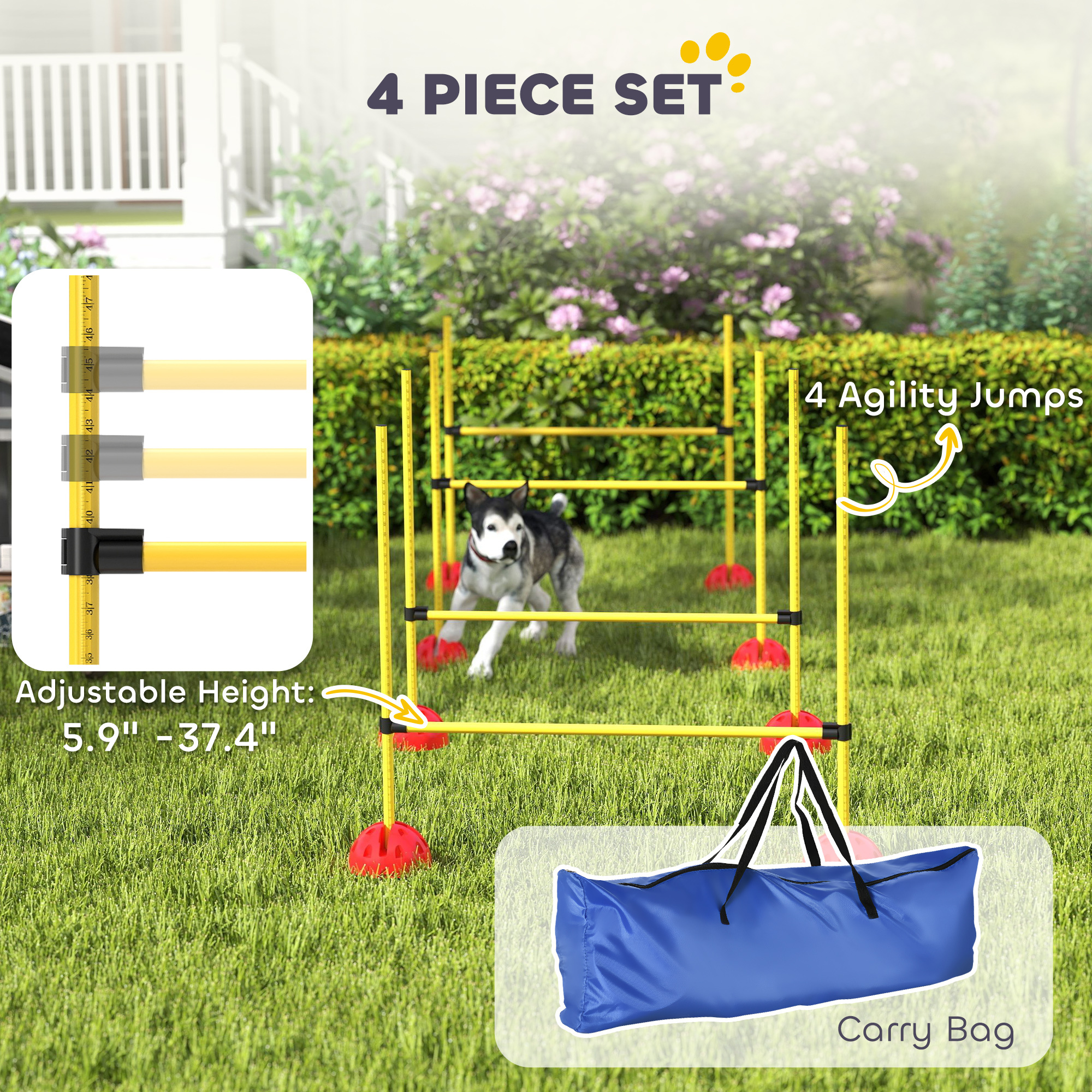 4 Piece Dog Agility Course Set With 4 Height Adjustable Dog Agility Jumps, Carry Bag, Yellow - Image 6