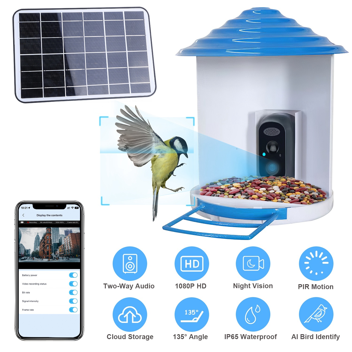 Smart Bird Feeder With Solar Powered Camera 1080P HD AI Identify PIR Motion Auto Capture Video Cloud Card Storage WiFi Connection App Control IP65 Waterproof