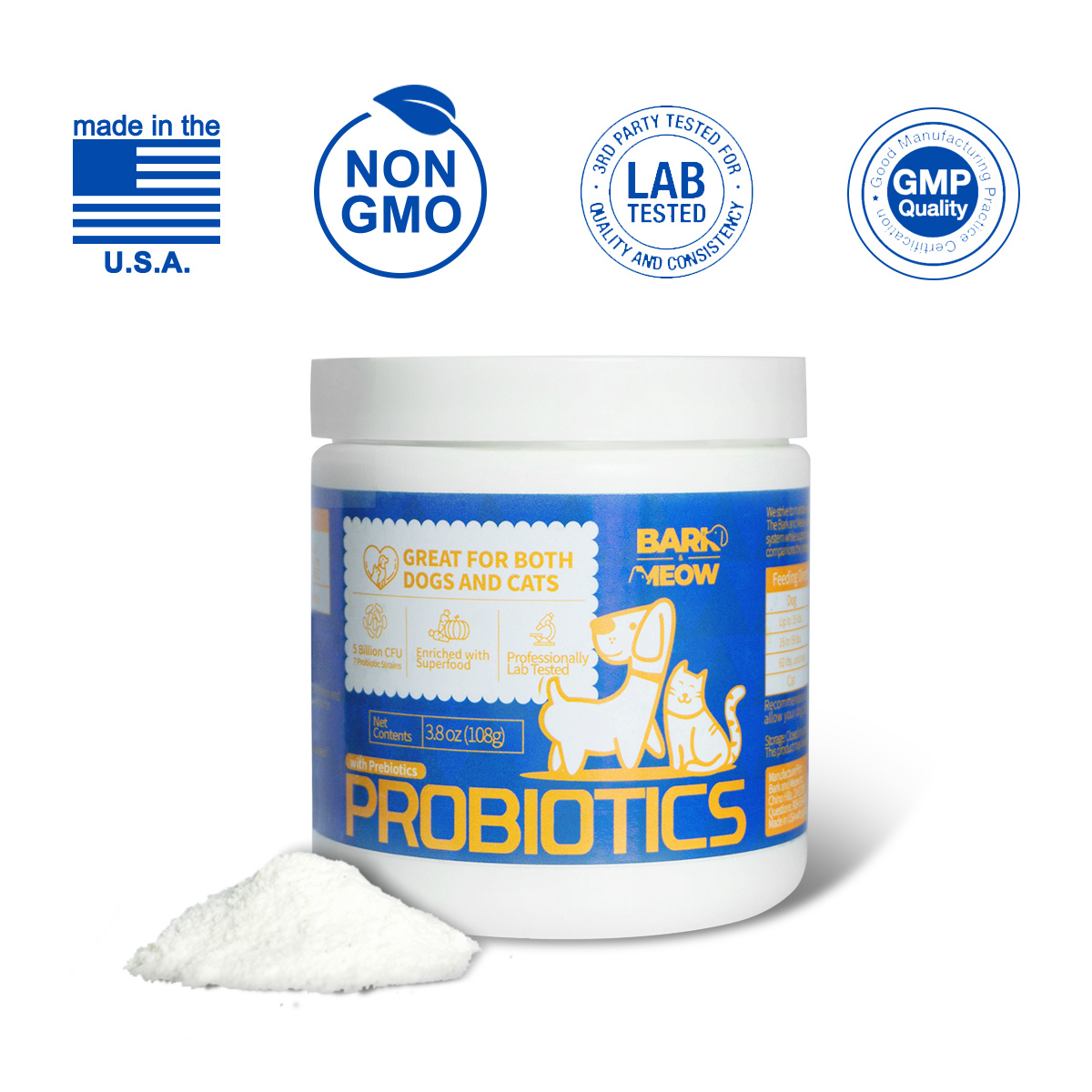 Bark And Meow Probiotics For Dogs & Cats 7 Tailored Strains Prebiotics, Pumpkin & Carrot 5 Billion CFU Scoop Human-Grade Non-GMO, Vet-Approved Made In USA, Gut Immune Support